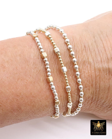 14K Gold Filled Cube Beaded Bracelet, 925 Sterling Silver Mixed Metal Stretchy Women's Bangle, Square Bead Stacking Bracelets, Handmade